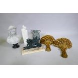 Decorative items, composition bust, 36cm high, a sphinx, gilt wall brackets etc