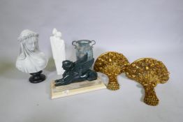 Decorative items, composition bust, 36cm high, a sphinx, gilt wall brackets etc