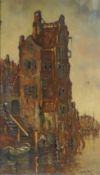 After James Kay, (Scottish, 1858-1942), canal side buildings with figures, oil on canvas laid on