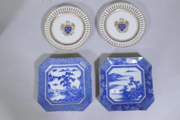 A pair of oriental transfer printed blue and white decorated dishes, 26 x 26cm, and a pair of