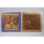 A pair of Oriental prints depicting quail and floral bouquets, framed, largest 34 x 32cm