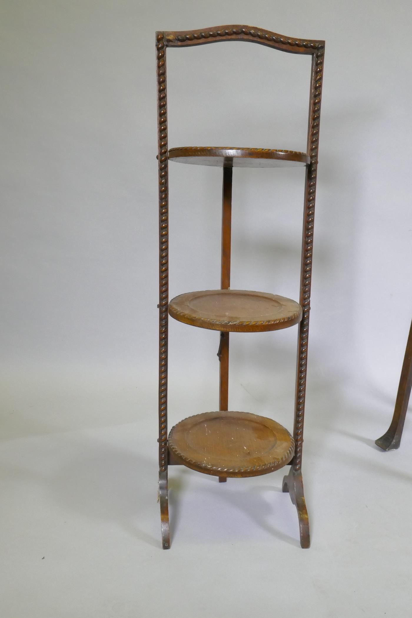 Arts and Crafts oak two tier jardiniere stand, with shaped top, raised on swept supports, 30 x 30 - Image 3 of 4