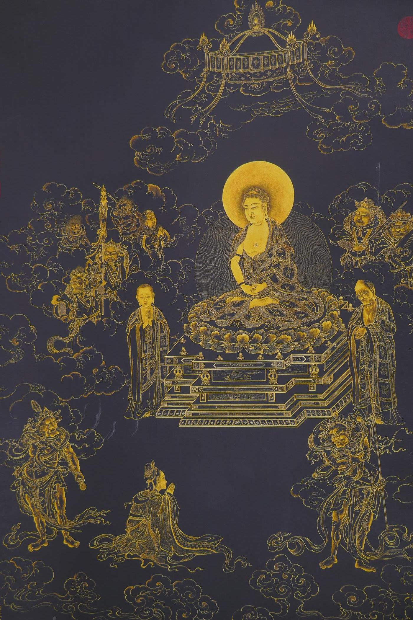 A Sino Tibetan printed thangka depicting Buddha and attendant deities, 56 x 89cm