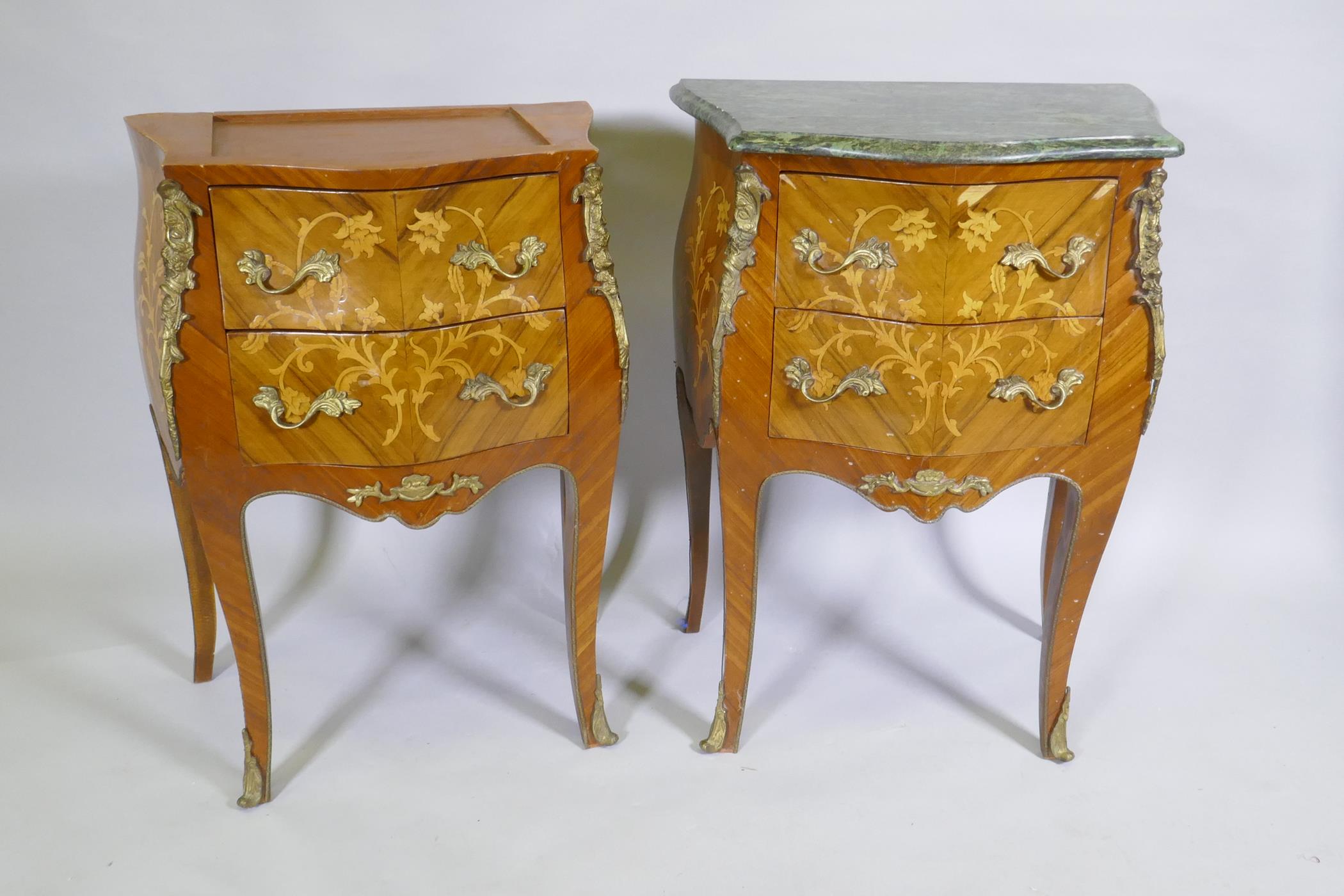 A pair of Louis XV style bombe shaped two drawer commodes with brass mounts, one lacking marble top,