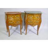 A pair of Louis XV style bombe shaped two drawer commodes with brass mounts, one lacking marble top,