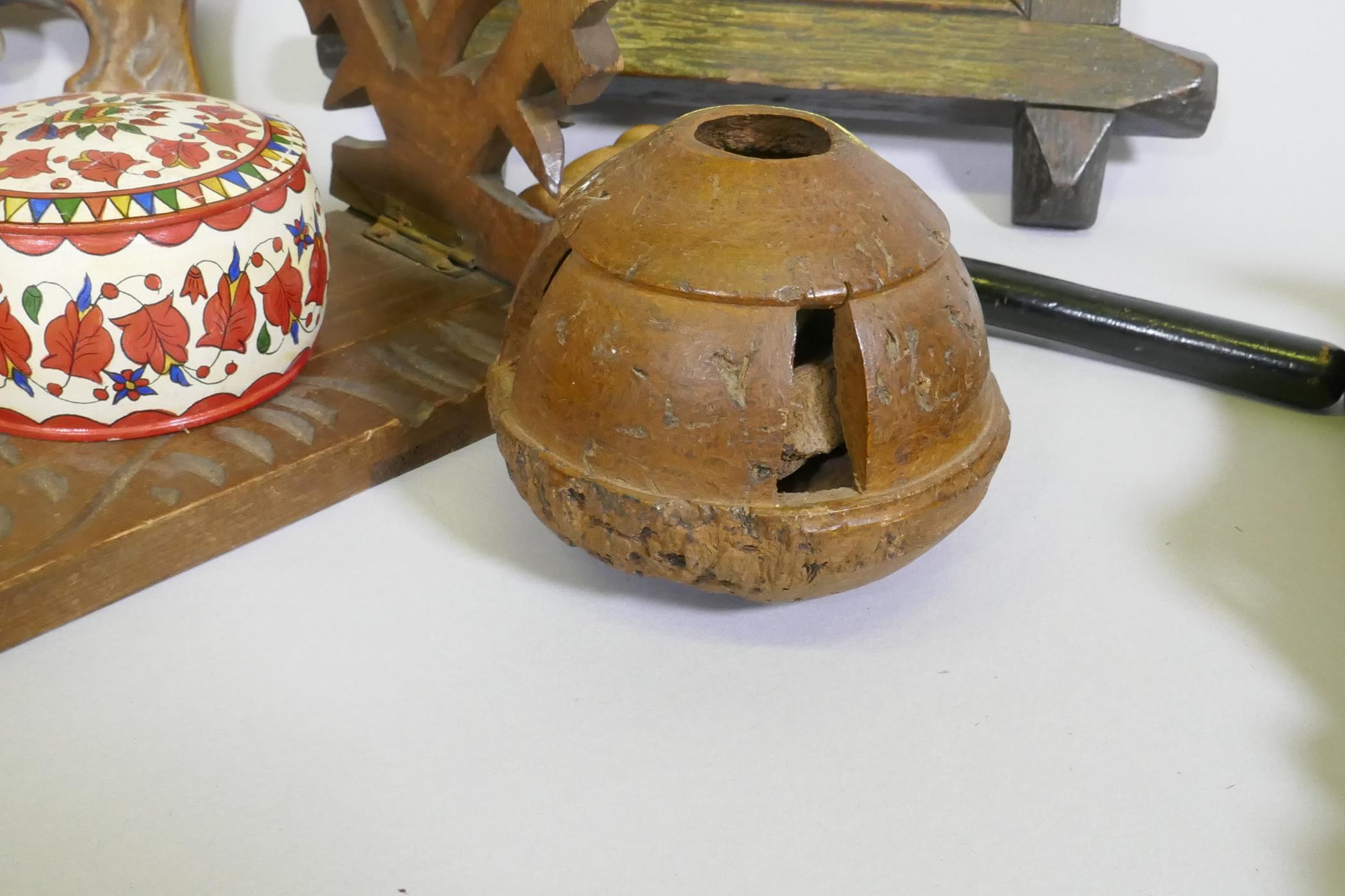 A carved wood bookslide, photo frame, tray and treen, a carved brazil nut husk etc, slide 30 x 13cm - Image 3 of 6