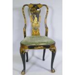 A Georgian style lacquered side chair with raised gilt chinoiserie decoration, with vase shaped