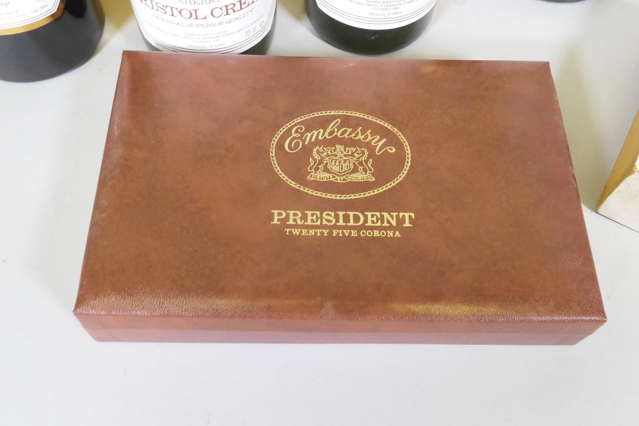 A box of 25 Embassy President Corona cigars, 3 bottles of Harveys Bristol Cream sherry, Vermouth, - Image 2 of 5