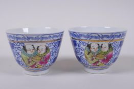 A pair of Chinese blue and white porcelain tea bowls with polychrome enamels panels depicting two