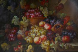 A Dutch style still life of grapes and peaches, oil on canvas, unframed, 101 x 76cm
