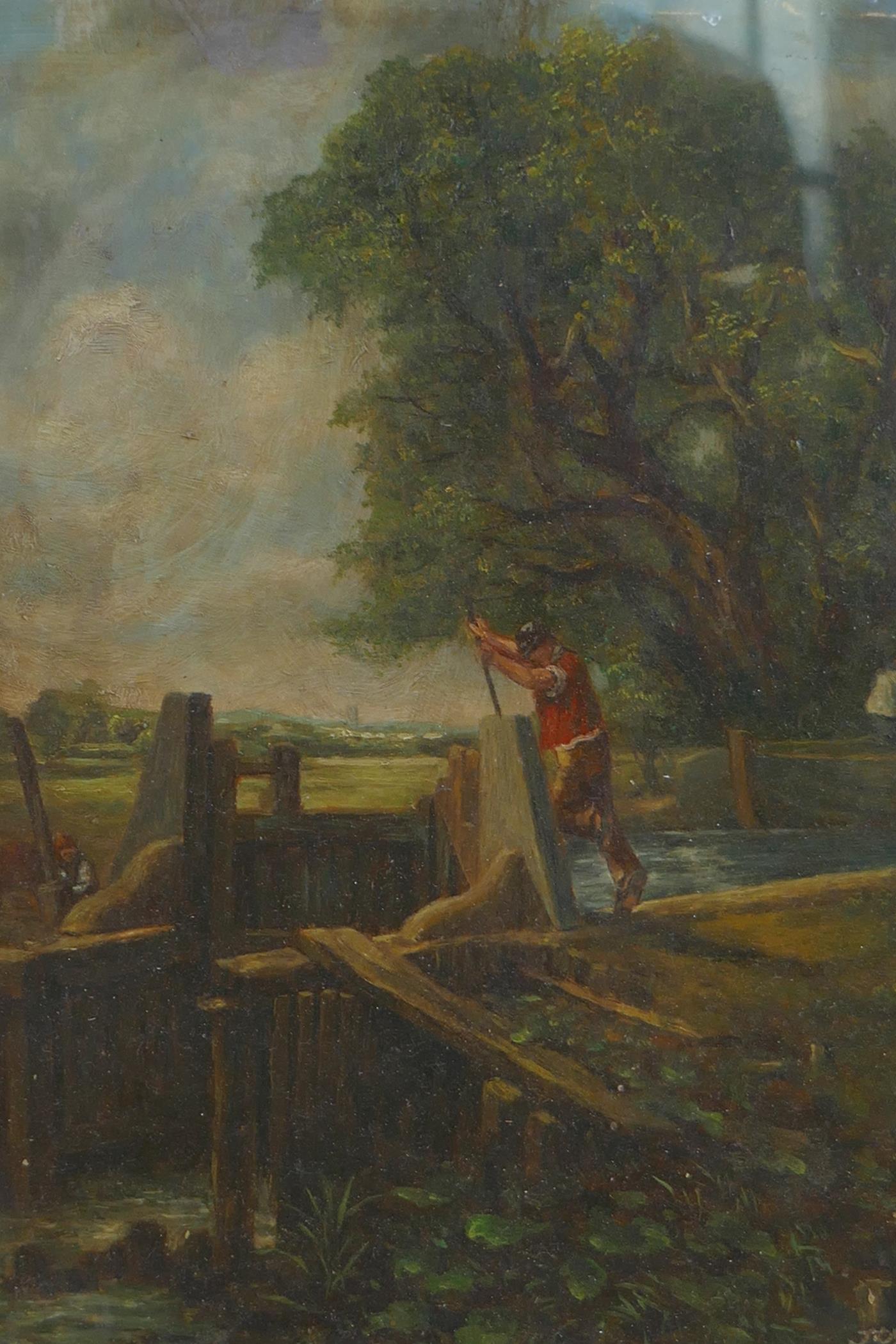 Rural scene with canal lock keepers, oil on panel, framed, signed Joy, 20 x 25cm