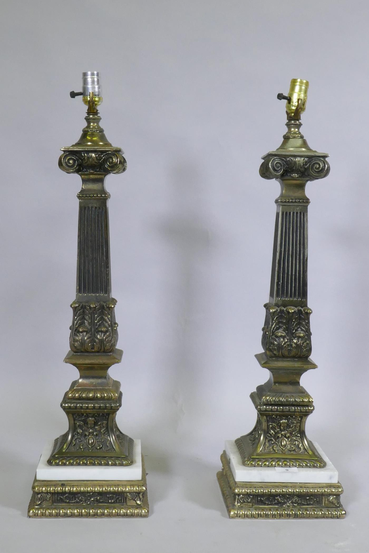 A pair of brass and marble classical column table lamps, 74cm high - Image 2 of 2