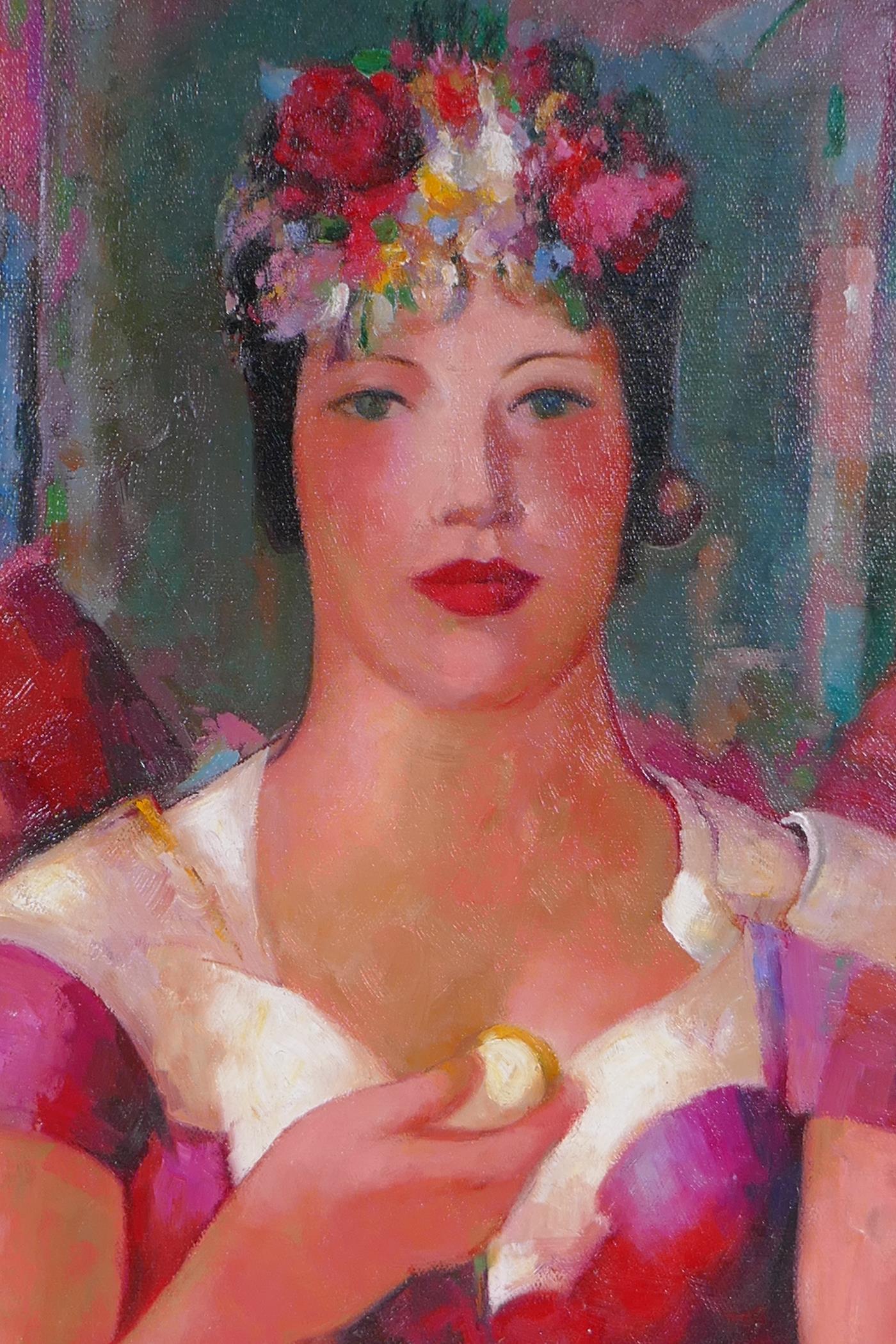 After John Duncan Ferguson, (Scottish, 1874-1961), female figure in floral hat, oil on board, 30 x