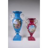 A blue ground Sevres style porcelain urn with two swan shaped handles and decorative panels