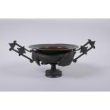 A C19th French bronze two handled urn with raised barley decoration, loose handles, 11cm high,