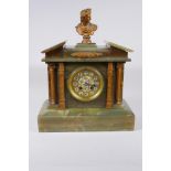An antique French green onyx architectural mantel clock, the brass movement striking on a gong, 32 x