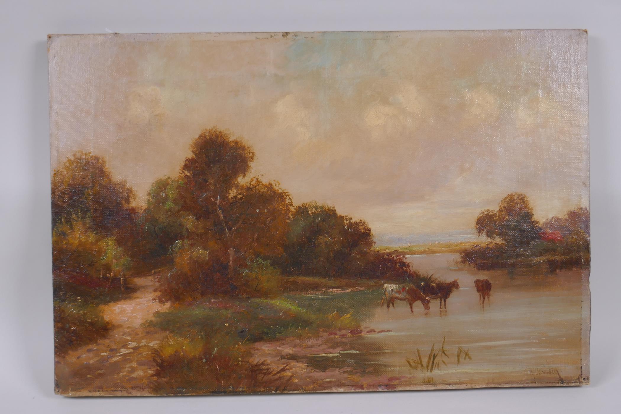 C.W. Oswald, river landscape with cattle, unframed, oil on canvas, signed, 31 x 45cm - Image 2 of 4