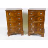 A pair of mahogany serpentine front four drawer chests, raised on bracket supports, 46 x 37 x 75cm