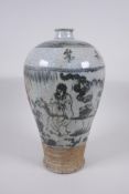 A Chinese blue and white crackle glazed pottery meiping vase, decorated with figures in a landscape,