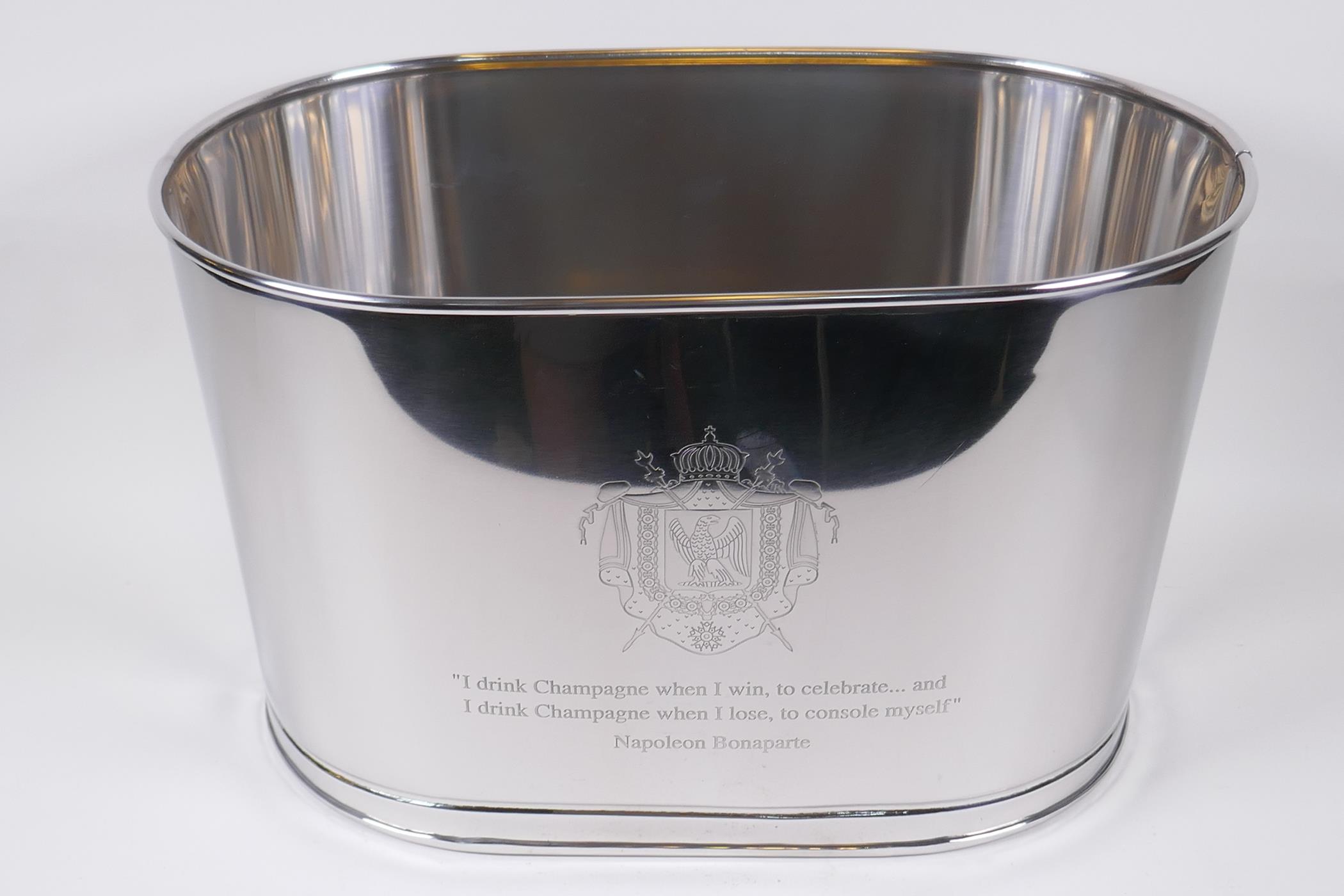 A pair of plated metal Champagne coolers, engraved with quotes from Lily Bollinger and Napoleon - Image 2 of 3