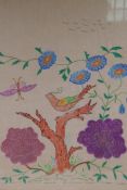 A wool work, chalk and glitter Oriental artwork of a bird, butterfly and flowers, 48 x 62cm