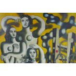 In the manner of Fernand Leger, (French, 1881-1955), composition with three figures, oil on