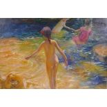 Roberto Le Rosset, (French, C20th), Bathers, impressionist oil on board, impressionist landscape