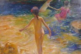 Roberto Le Rosset, (French, C20th), Bathers, impressionist oil on board, impressionist landscape