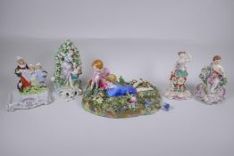 Three early English porcelain figures to include a Chelsea brocage figure of a woman and child, a