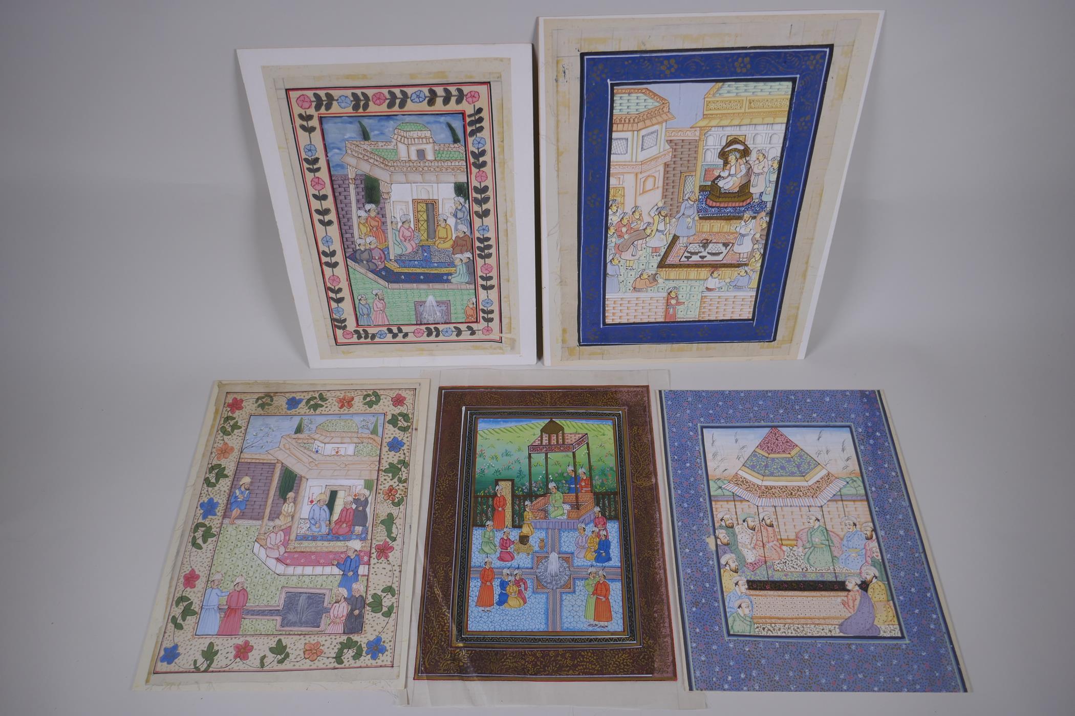 Five Indian miniature paintings on silk depicting court scenes, largest 24 x 31cm