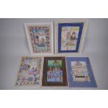 Five Indian miniature paintings on silk depicting court scenes, largest 24 x 31cm