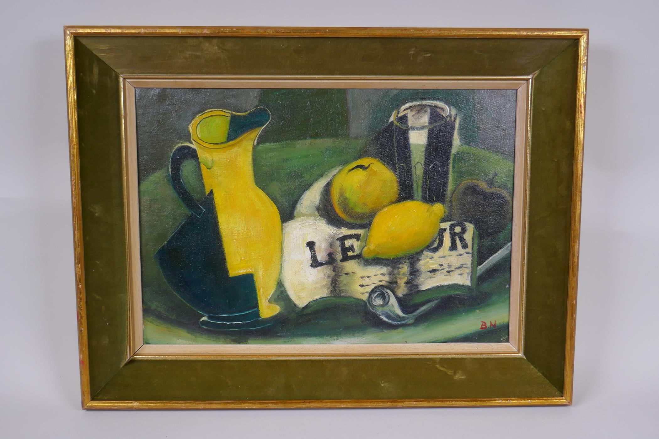 Abstract still life of lemons, oil on canvas board, initialled B.N., 41 x 28.5cm - Image 2 of 4