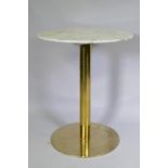 A marble top occasional table raised on a brass column and platform base, 60cm diameter, 75cm high
