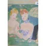 Jean-Gabriel Domergue, two ladies at the casino table, lithograph, signed in pencil, folded over a