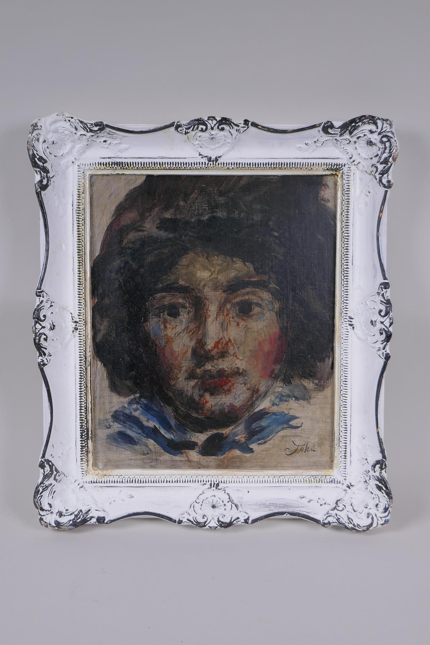 Portrait of a child, signed John?, oil on board, 26 x 30cm - Image 2 of 4