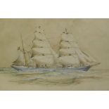 J.E. Cooper, Inverneill, a three masted steel hull barque, watercolour, signed, 25 x 16cm