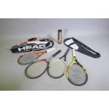 A Babolat Pure Aero La Decima tennis racket in case, a Head Radical MP racket, Head Ti52, and a