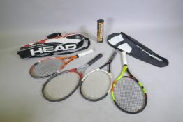 A Babolat Pure Aero La Decima tennis racket in case, a Head Radical MP racket, Head Ti52, and a