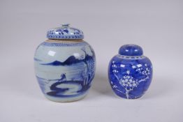 A late C19th/early C20th Chinese blue and white porcelain ginger jar and associated cover, decorated