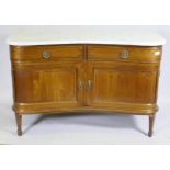 A Victorian inlaid mahogany marble topped washstand with bow shaped front, two drawers over two