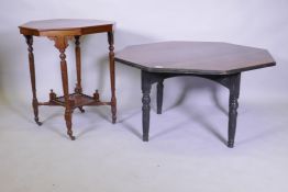 An Anglo-Indian centre table with paduk wood top and ebonised base, reduced, 100cm diameter, 54cm