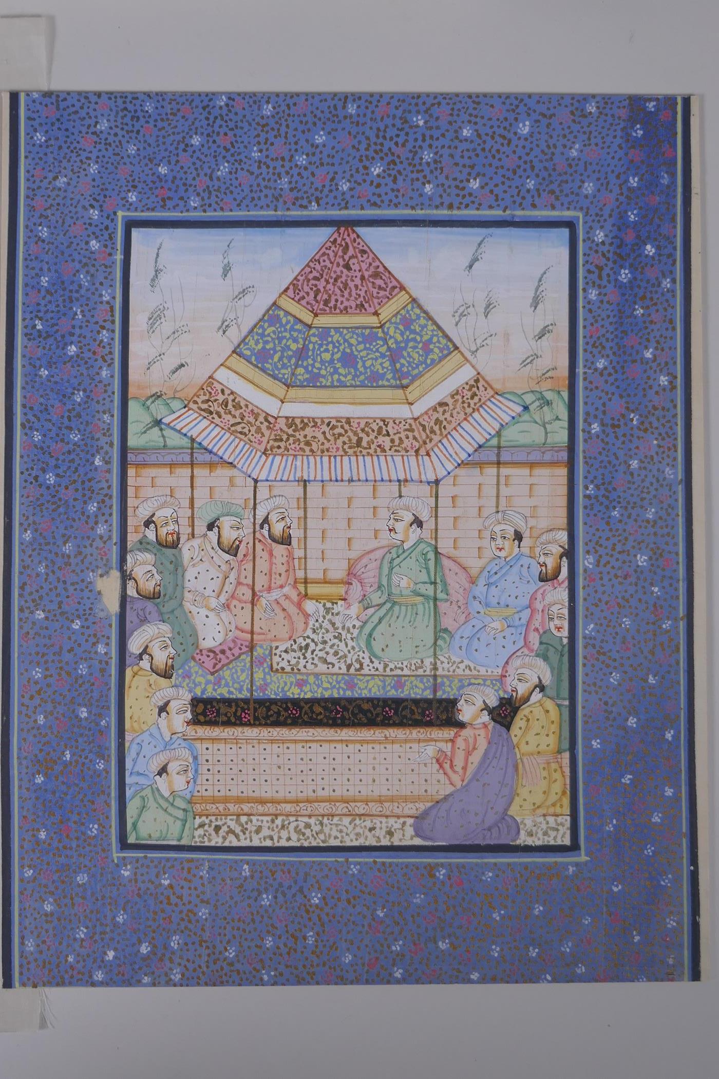 Five Indian miniature paintings on silk depicting court scenes, largest 24 x 31cm - Image 6 of 6