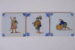Three Delft style continental tin glazed tiles decorated with a musician, a performer and a man