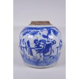 A Chinese Republic blue and white porcelain ginger jar, decorated with figures in a garden with a