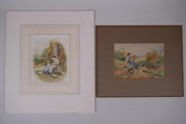 Children resting in a landscape, and children by a cottage, two watercolours, unframed, both
