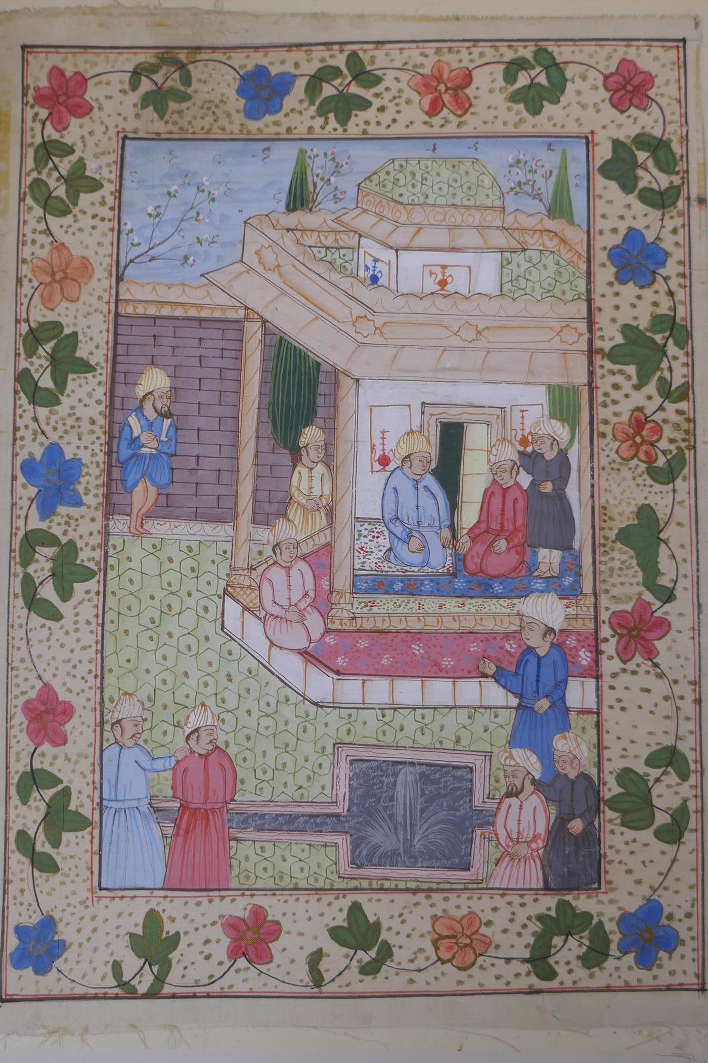 Five Indian miniature paintings on silk depicting court scenes, largest 24 x 31cm - Image 4 of 6