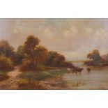 C.W. Oswald, river landscape with cattle, unframed, oil on canvas, signed, 31 x 45cm
