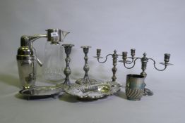 A pair of Garrard & Co Regent plate two branch candelabra, a pair of silver plated candlesticks,
