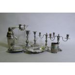 A pair of Garrard & Co Regent plate two branch candelabra, a pair of silver plated candlesticks,