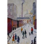 In the manner of L.S. Lowry, street scene, oil on board, 30 x 40cm